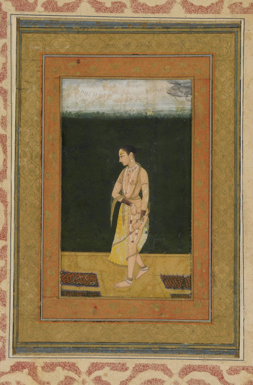 Una dama camina en un jardín, folio de álbum con pintura, c.1730 de Indian School