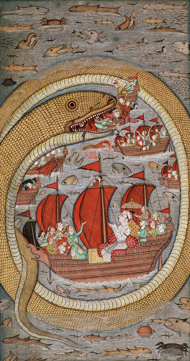 Una serpiente monstruosa devorando la flota real, c.1670-1690 de Indian School