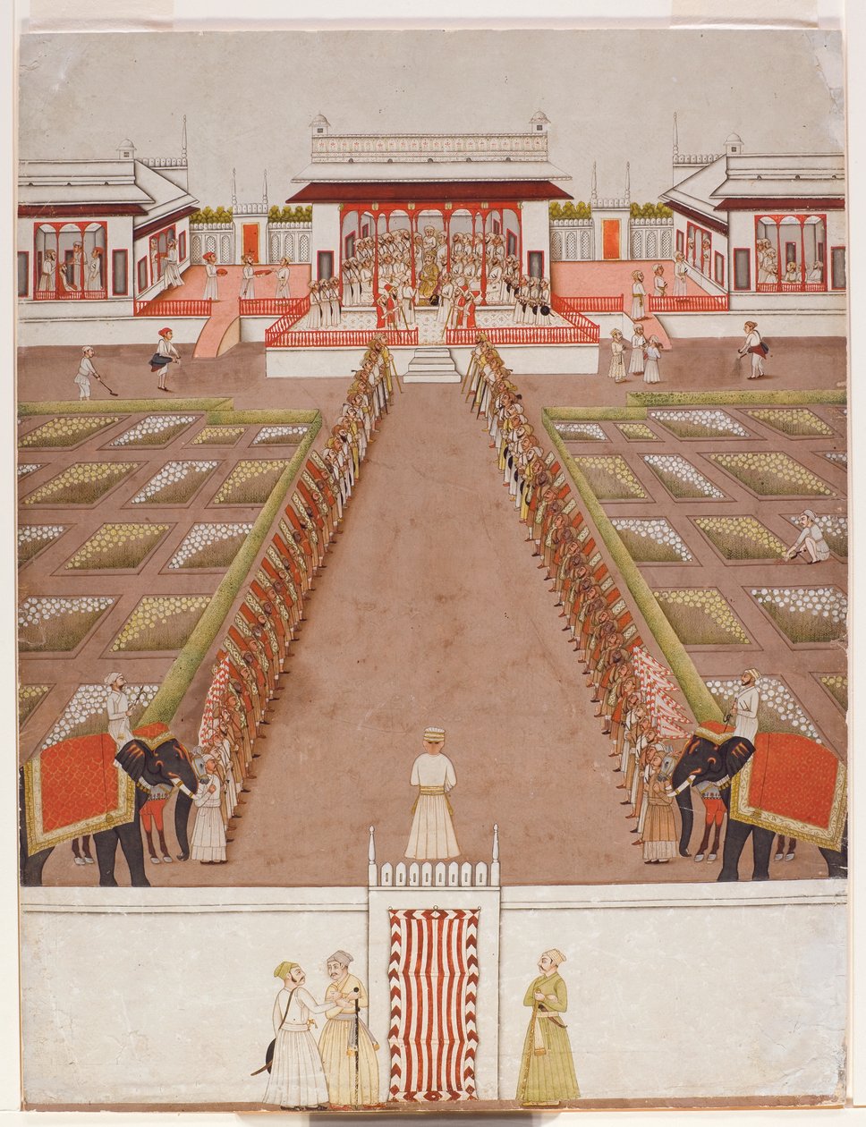 Un nawab celebrando corte dentro de un pabellón, más allá de una avenida de retenedores y dos elefantes de Indian School