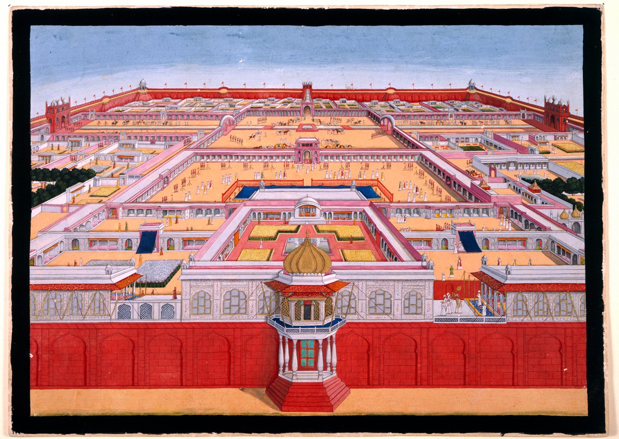 Vista aérea del Fuerte Rojo de Delhi desde el este, mostrando a un emperador, probablemente Shah Alam (1759-1806) entrando en el Diwan-i-Khas a la derecha, c.1780-90 (acuarela opaca)) de Indian School