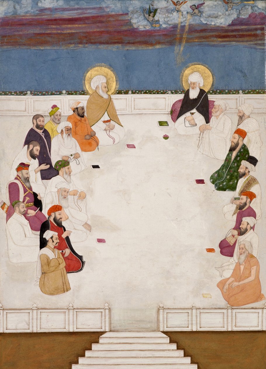 Un grupo de santos y hombres santos indios, incluyendo a Mullah Shah y Aurangzeb, sentados de Indian School