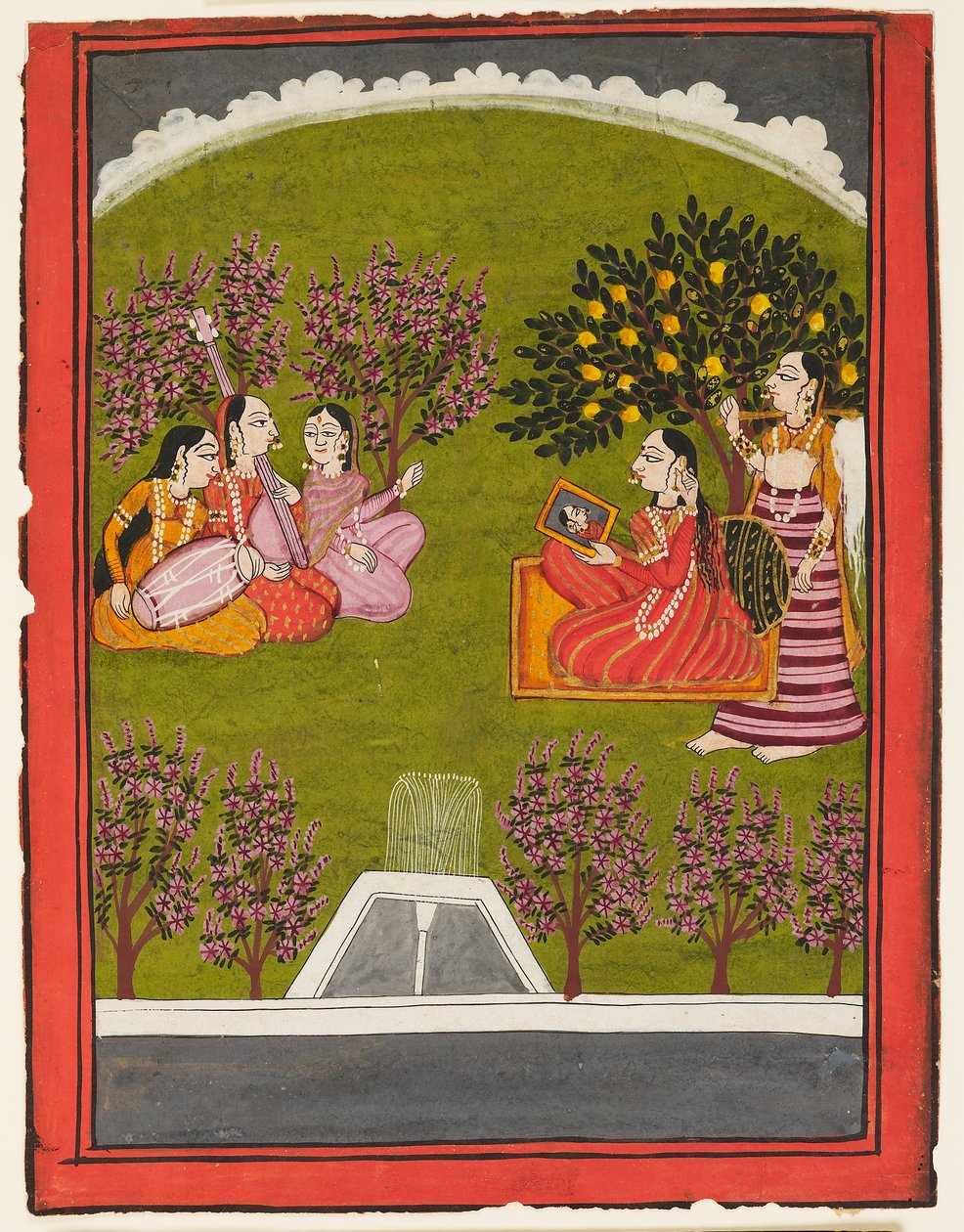 Una dama sentada con un espejo en un jardín, con una criada y tres músicos, c.1909 (gouache sobre papel) de Indian School