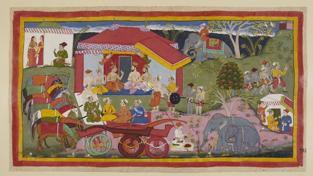 Add 15296 (1) f.104r, En una escena de campamento, Guha el Nishadaking se introduce en la reunión de los príncipes, brahmanes y ministros. Los caballos, sin yugo de los carros, se paran en una línea atados y cojean, mientras un mahout prepara pólvora para  de Indian School