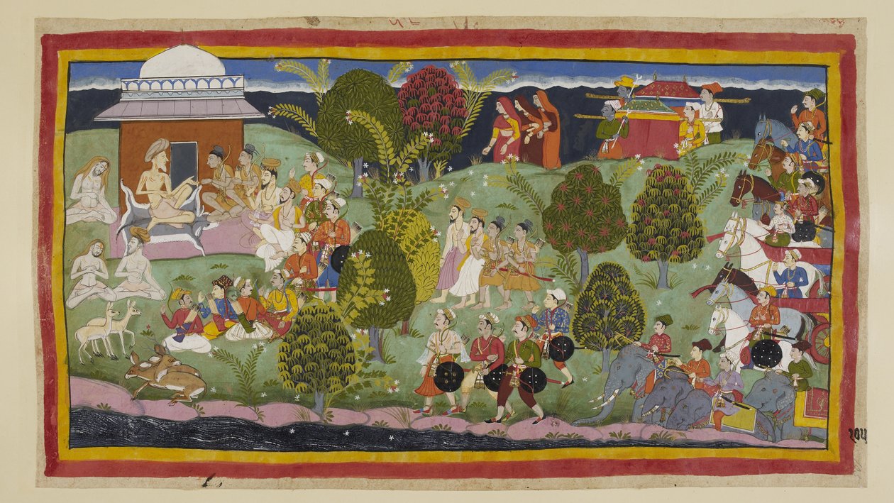 Add 15296 (1) f.105r, Los dos príncipes, los brahmanes y los ministros se acercan a pie a la ermita de Bharadva ja, con las tres reinas a distancia sobre el horizonte seguidas por sus literas. El ejército con sus elefantes y carros espera detrás. en el l de Indian School