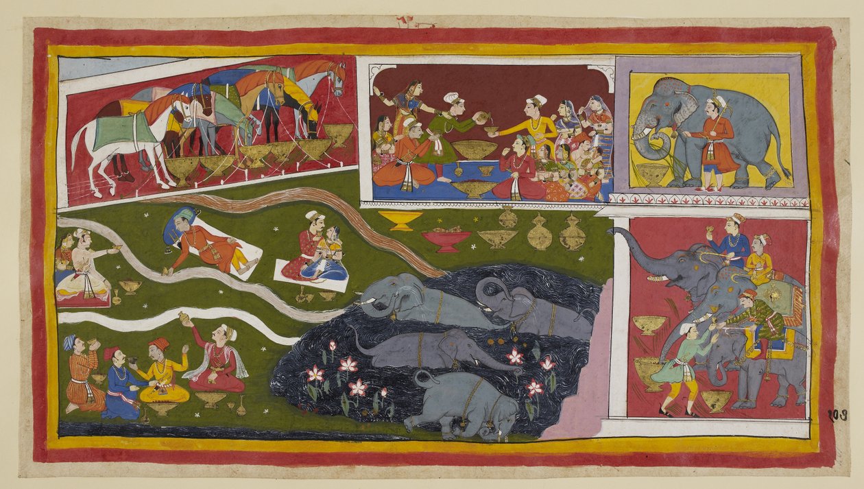 Add 15296 (1) f.107r, Los caballos, elefantes y soldados también disfrutan de la hospitalidad de Bharadvaja. Los caballos, cojos y atados, comen de grandes platos de oro; igualmente los elefantes, presentados aquí con caña de azúcar. Los elefantes se bañan de Indian School
