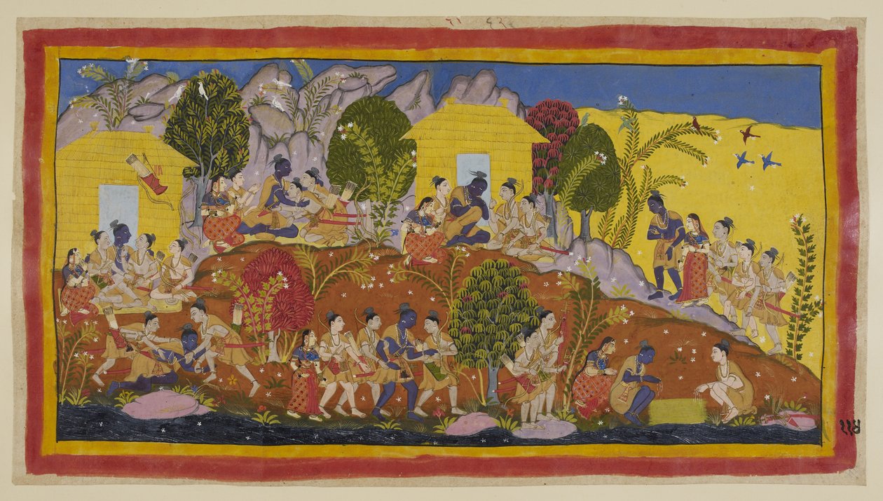 Add 15296 (1) f.114r, En la parte superior del centro, Bharata y Shatrughna se arrojan a los pies de Rama, quien abraza a sus hermanos menores y huele las cabezas de Sitaeir. Rama los toma en su regazo mientras pregunta por su bienestar y el de su padre, y de Indian School
