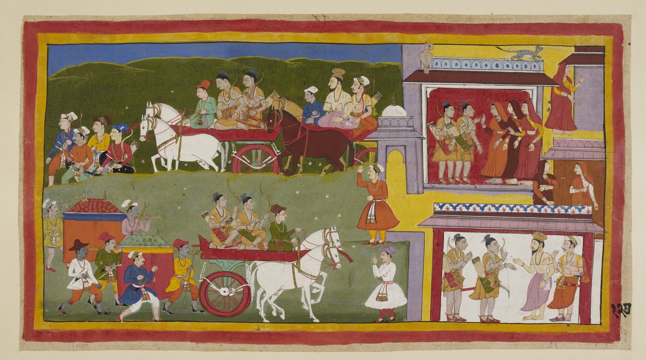 Add 15296 (1) f.127r, La procesión regresa a Ayodhya, a lo largo de la parte inferior de la pintura, la ciudad triste y desierta siendo el lugar predilecto de gatos y búhos. Bharata y Shatrughna se despiden de las reinas y le dicen a Vasistha que se retira de Indian School