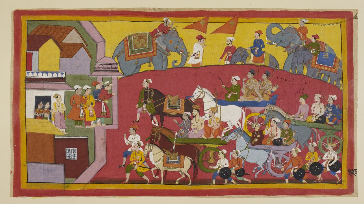 Add 15296 (1) f.128r, Los carros de Vasistha y los príncipes, asistidos por varios ministros y personas, entran en la ciudad de Nandigrama. de Indian School