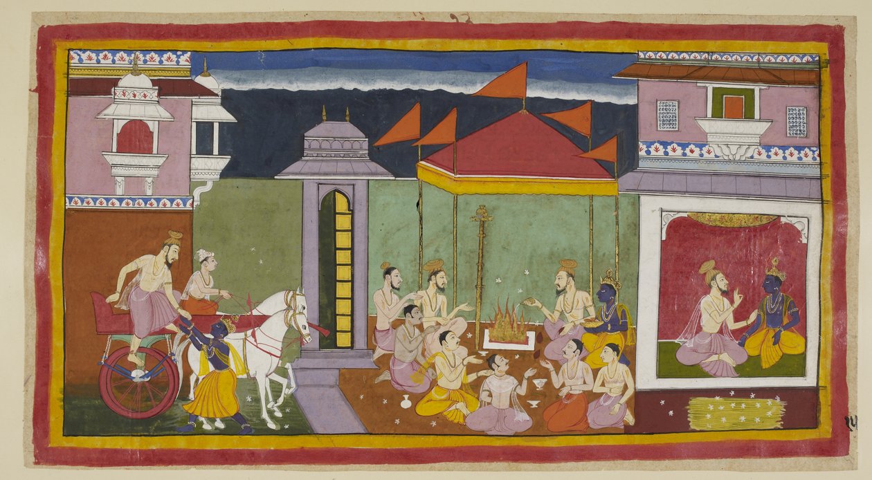 Add 15296 (1) f.15r, A la izquierda, Vasistha llega al palacio de Rama y con la ayuda de Rama se baja de su carruaje, ya la derecha, sentado con Rama, le aconseja observar un ayuno esa noche según las instrucciones del rey. Un montón de hierba kusa para Ra de Indian School