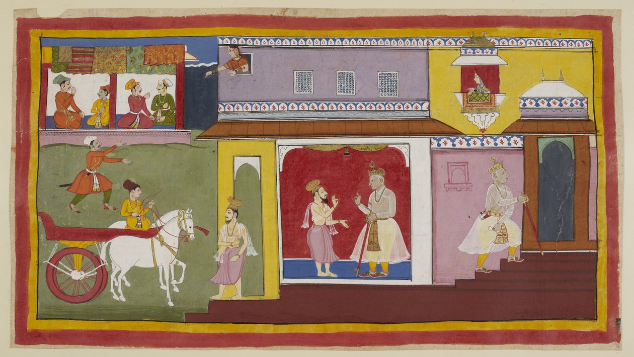Add 15296 (1) f.18r, Vasistha regresa al palacio y le dice a Dasaratha que todo está preparado para la ceremonia. Dasaratha se retira a una cámara interior del palacio. Arriba, el sirviente de Kaikeyi, Manthara, mira por una ventana superior y observa el e de Indian School