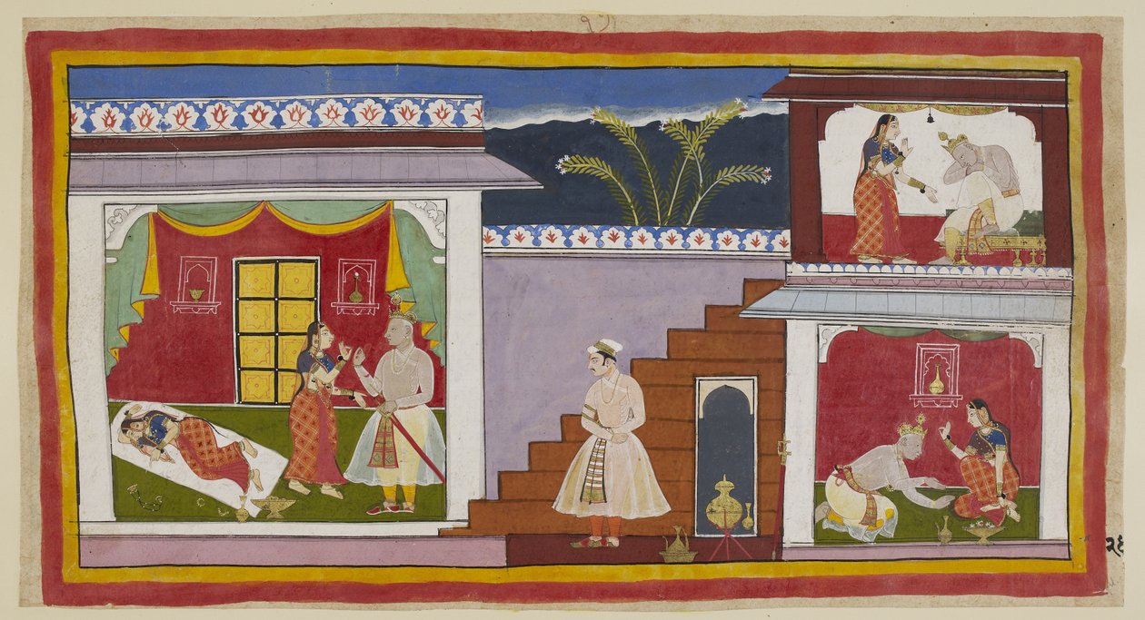 Add 15296 (1) f.24r, Kaikeyi se ve primero a la izquierda durmiendo despeinada, como en la imagen anterior, y luego se levanta de su cama para persuadir a su esposo de que le conceda las dos bendiciones que Dasaratha le había prometido anteriormente. A la  de Indian School