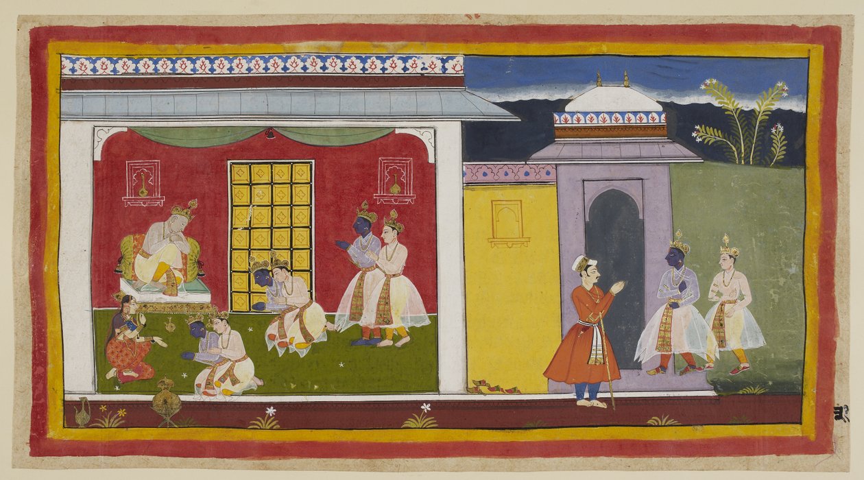 Add 15296 (1) f.31r, Rama y Laksmana a la derecha, con Rama ahora vestido con un traje de corte contemporáneo, se acercan a la puerta del palacio de Kaikeyi y, dejando sus sandalias en la puerta, entran en la sala de audiencias. Se arrodillan respetuosamen de Indian School