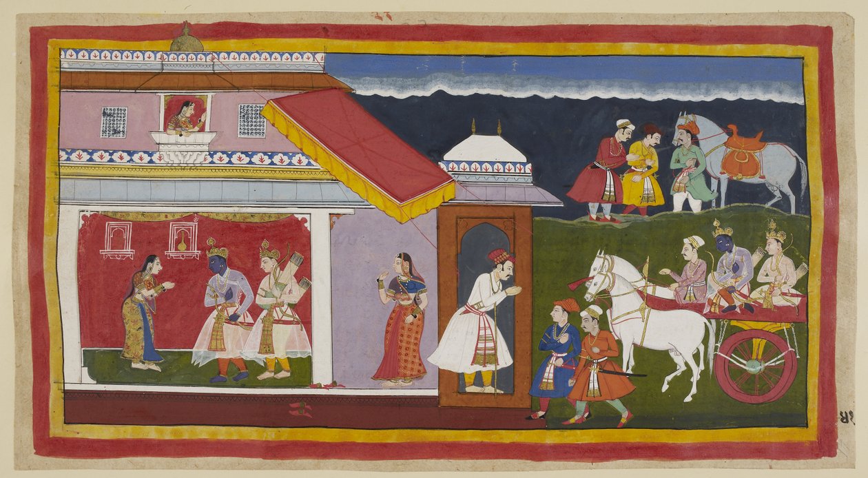 Add 15296 (1) f.41r, Habiendo finalmente persuadido a su madre y hermano para que aceptaran tranquilamente su destino, Rama y Laksmana regresan a su propio palacio en el carro, la cabeza de Rama inclinada en su acostumbrada humildad. Se encuentran con Sita de Indian School