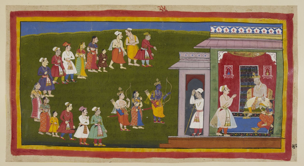 Add 15296 (1) f.48r, Rama y Laksmana, vestidos como antes pero armados con espada, arco y flechas, acompañados por Sita, caminaron humildemente por las calles atestadas de personas afligidas hacia el palacio de su padre. Sumantra los anuncia al entronizado de Indian School
