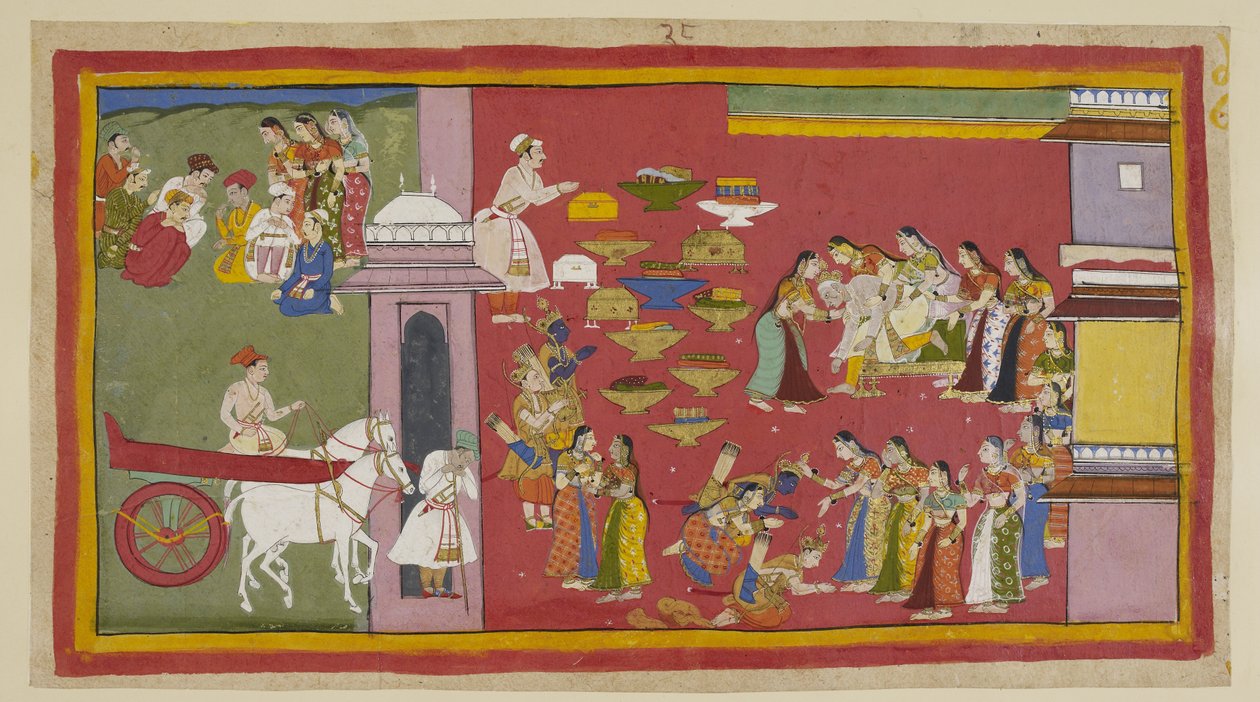 Add 15296 (1) f.53r, A la derecha, al ver a sus hijos ya Sita vestidos con túnicas de corteza, Dasaratha pierde el conocimiento y cae del trono. Los tres exiliados se arrodillan ante las reinas. Sita es abrazada por Kausalya, quien le recuerda innecesariam de Indian School