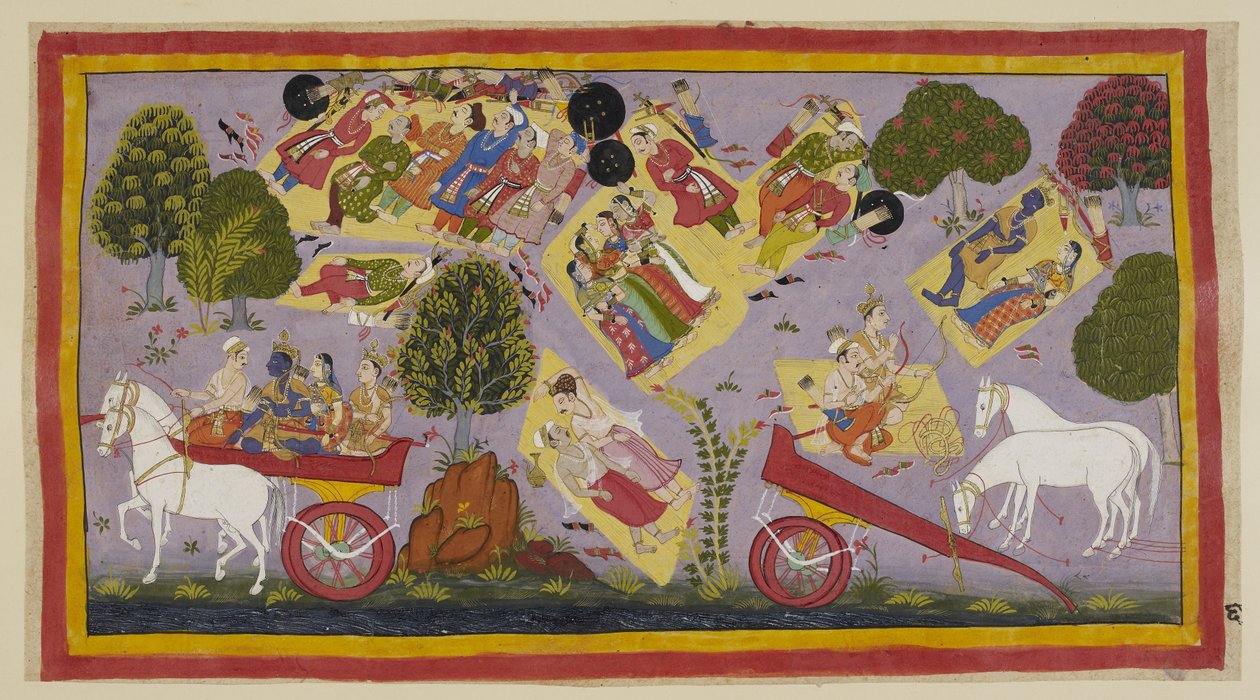 Add 15296 (1) f.61r, Los exiliados han llegado al río Tamasa y pasan la noche en sus orillas, aún rodeados por los afligidos habitantes del pueblo. Sita y Rama yacen durmiendo en un lecho de hierba, mientras Laksmana y Sumantra hablan de las virtudes de Ra de Indian School
