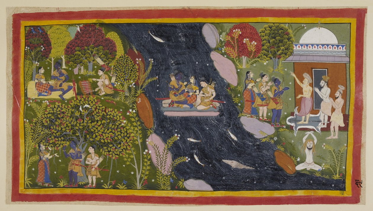 Add 15296 (1) f.69r, Bharadvaja, a la derecha en su ermita, advierte a los viajeros del camino a Citrakuta. En el centro, cruzan el Yamuna en una balsa improvisada, con Sita rezando de nuevo a la diosa del río para que regrese a salvo, y en el de Indian School