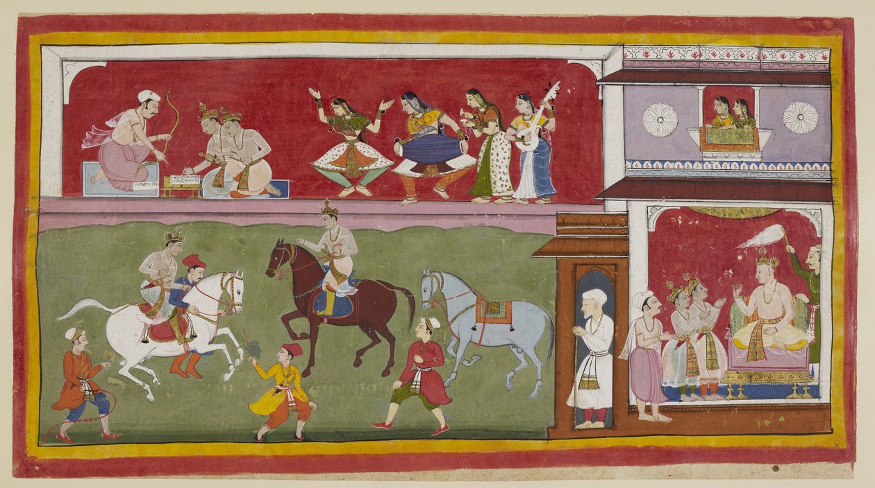 Add 15296 (1) f.7r, A la derecha en el palacio, los príncipes le piden al rey maestros de religión, artes y ciencias, mientras arriba, dos damas en una ventana alfombrada jharokha miran hacia abajo sobre ellos a la izquierda mientras practican equitación e de Indian School