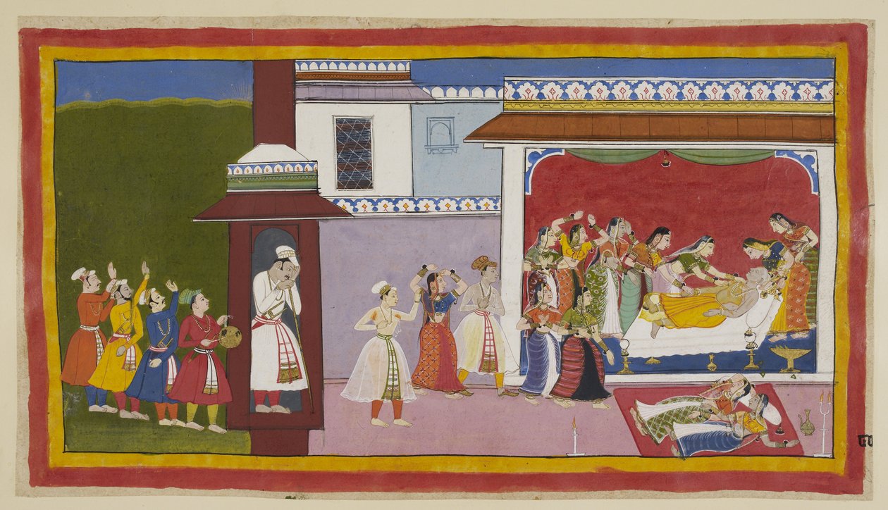 Add 15296 (1) f.80r, Bardos, músicos y bailarines llegan por la mañana a la puerta de la cámara del rey para despertarlo, mientras dentro un grupo de mujeres intenta despertarlo y descubre que está muerto. Kausalya y Sumitra, exhaustos por su de Indian School