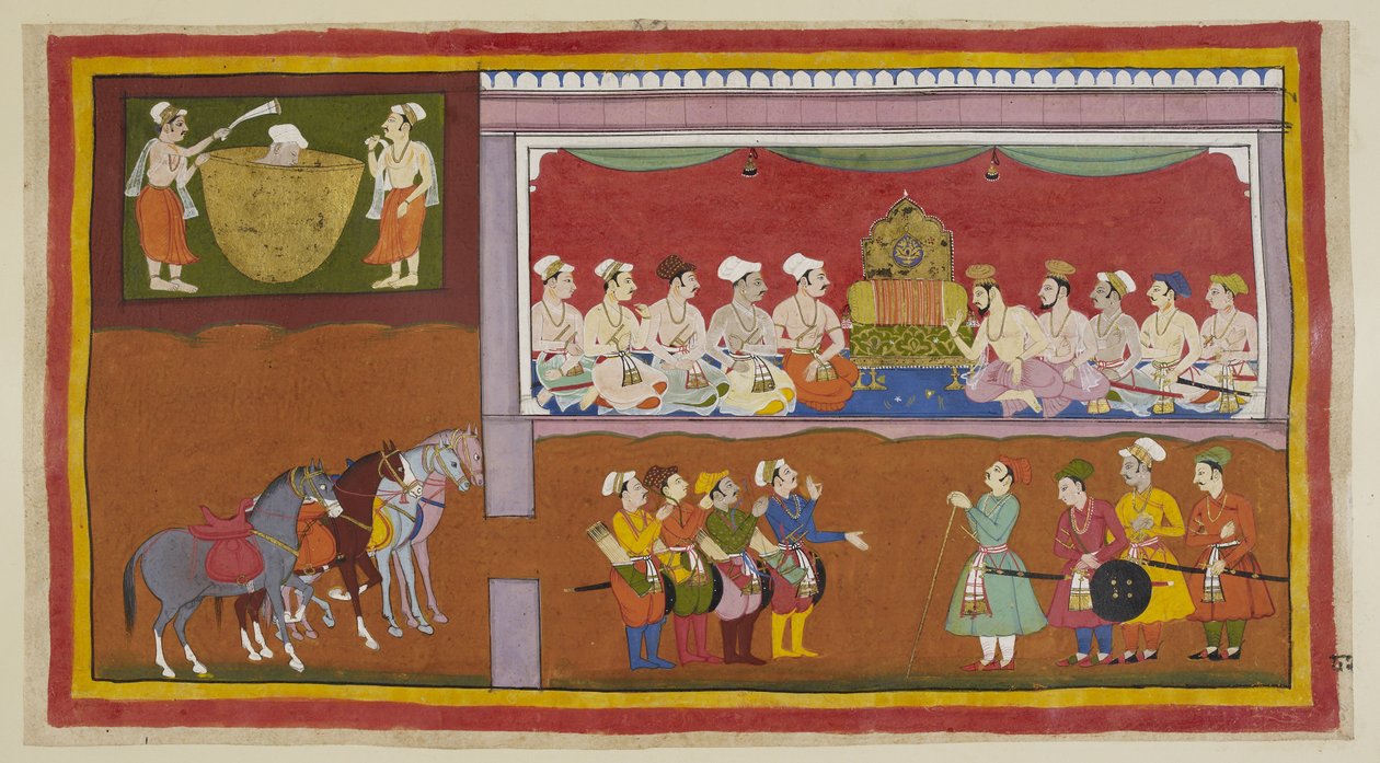 Agregue 15296 (1) f.82r, En ausencia de sus hijos, el cuerpo del rey se coloca en un caldero de aceite, con asistentes abanicándolo con reverencia, mientras que en el salón durbar, los ministros y los brahmanes debaten qué hacer, a ambos lados del vacío. t de Indian School