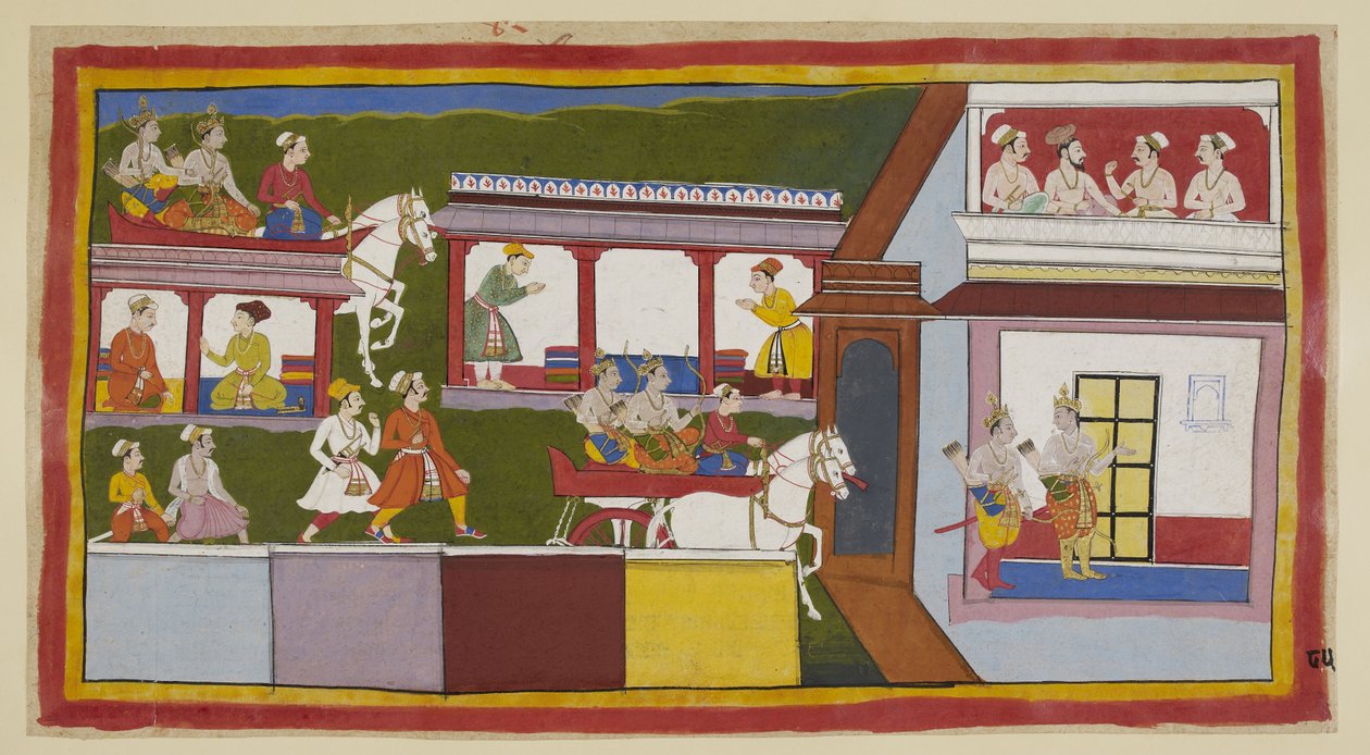 Add 15296 (1) f.85r, Los príncipes en su carro conducen por la calle principal de Ayodhya, asombrados por el cambio en la ciudad desde que la abandonaron, y luego entran al palacio, con gestos inquisitivos. En una habitación superior, un brahmán y tres min de Indian School