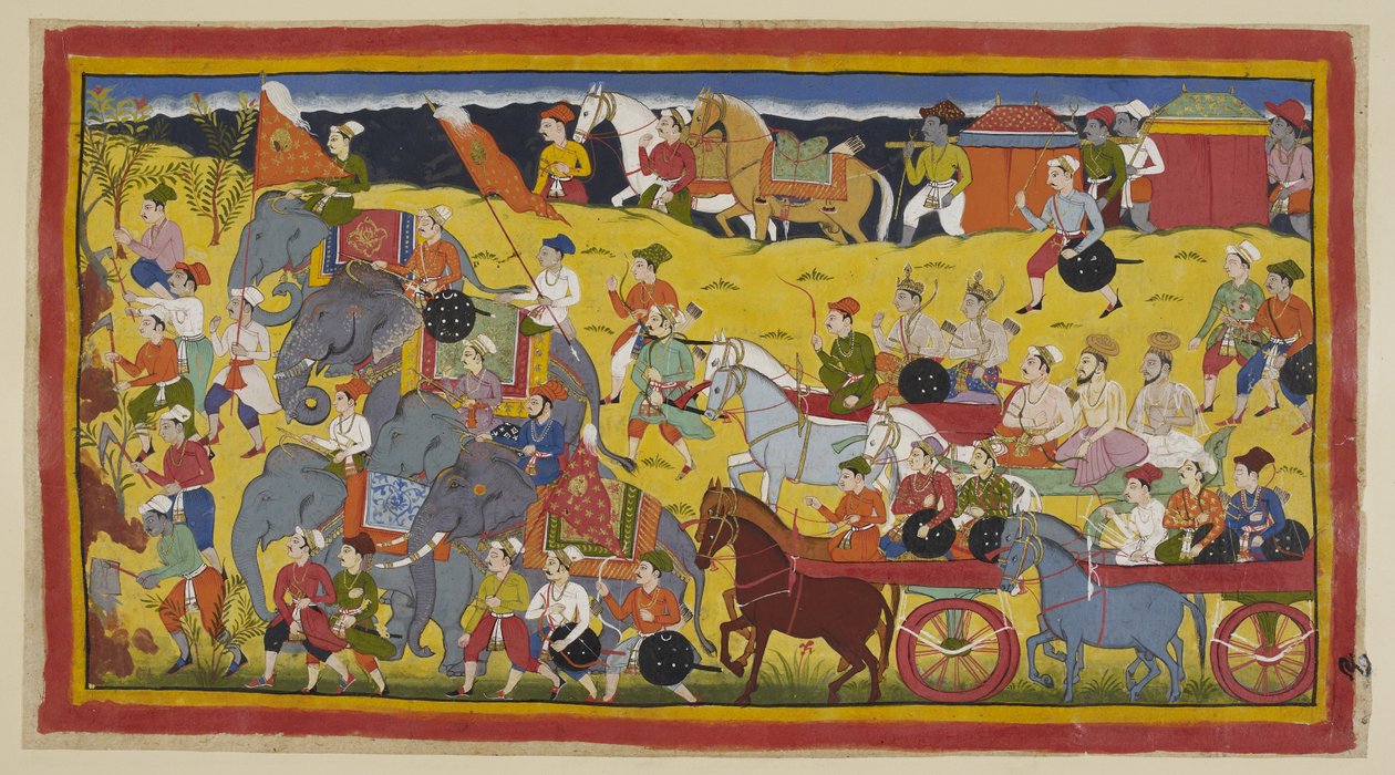 Add 15296 (1) f.97r, Los príncipes con sus gurús, ministros y ejército partieron hacia el bosque, precedidos por hombres que talaban los árboles para hacer un camino y por los elefantes reales. Dos literas transportan a las reinas, precedidas por dos cabal de Indian School