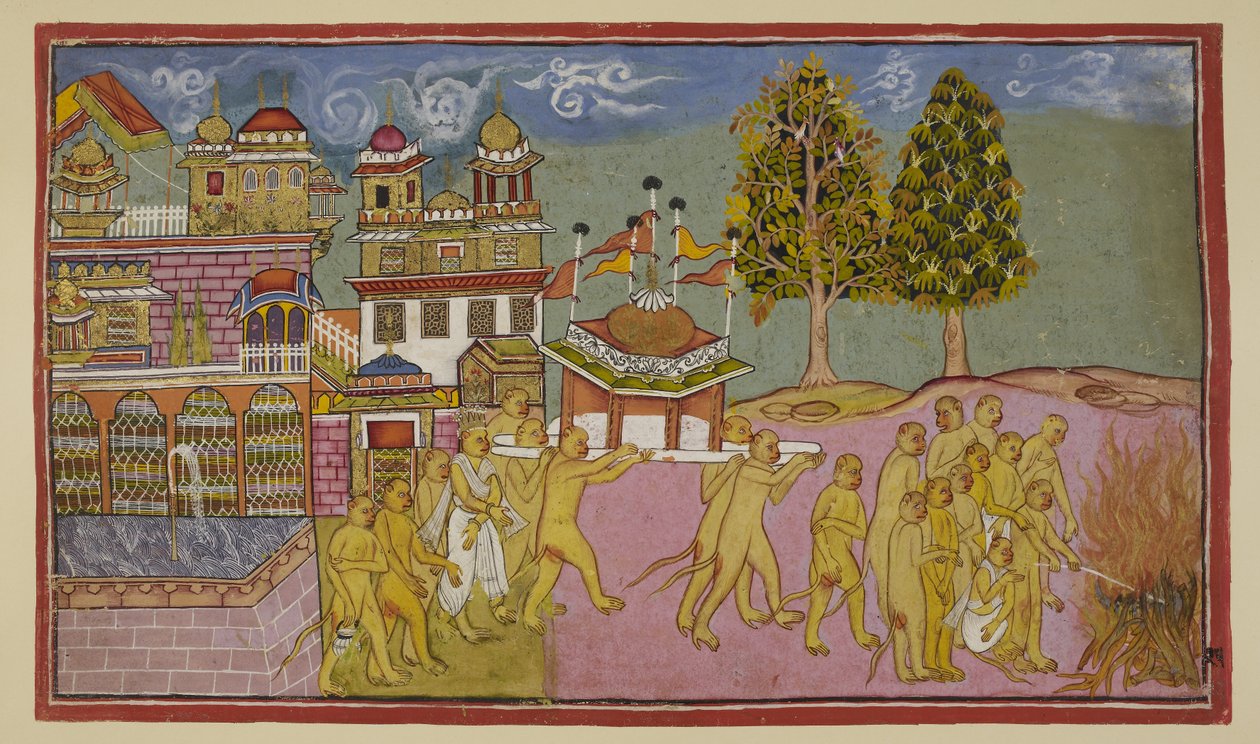 Add 15296 (2) f.25r, El cuerpo de Bali, cubierto de blanco, es transportado en un palanquín abovedado y con banderas desde el palacio y consumido en una pira funeraria, con Sugriva y Angada dirigiendo los ritos funerarios. de Indian School