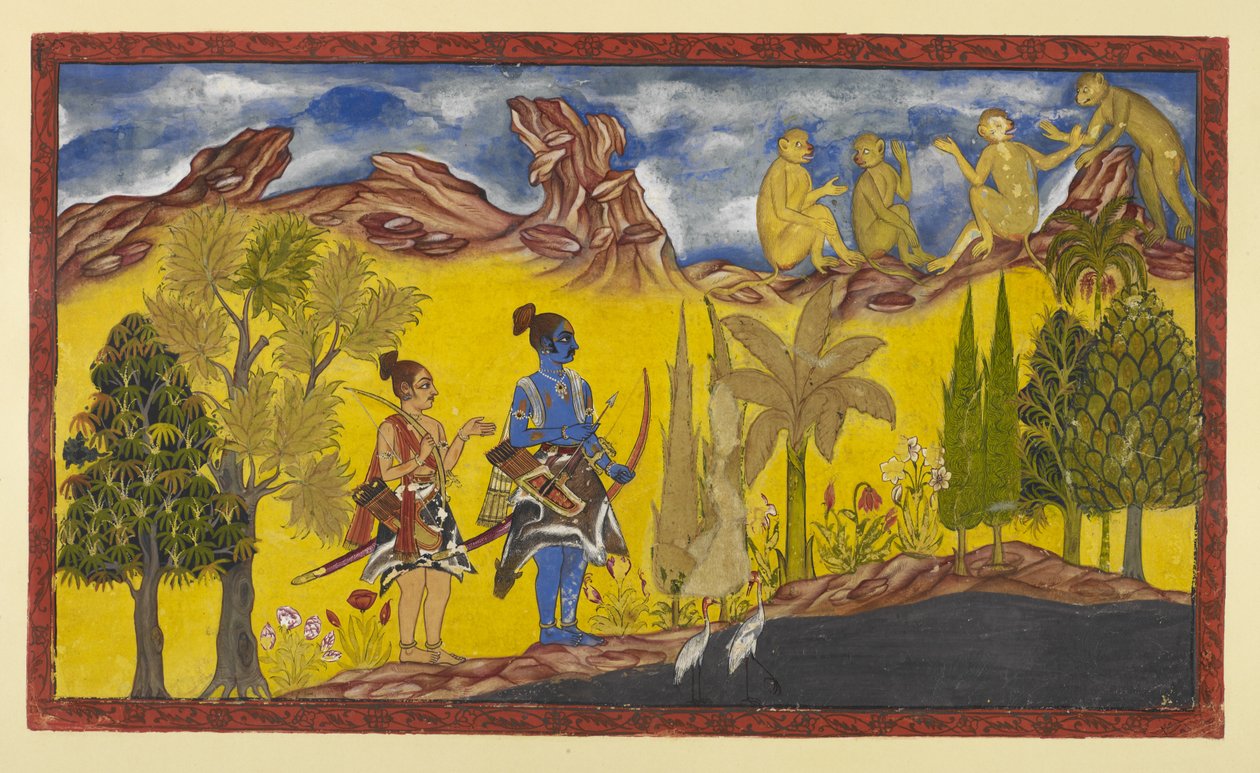 Add 15296 (2) f.2r, En su búsqueda desesperada de la secuestrada Sita, Rama y Laksmana han llegado al lago Pampa, que está cubierto de lotos y rodeado de árboles en flor. Es la temporada de primavera y a Rama se le recuerda continuamente por el apareamient de Indian School