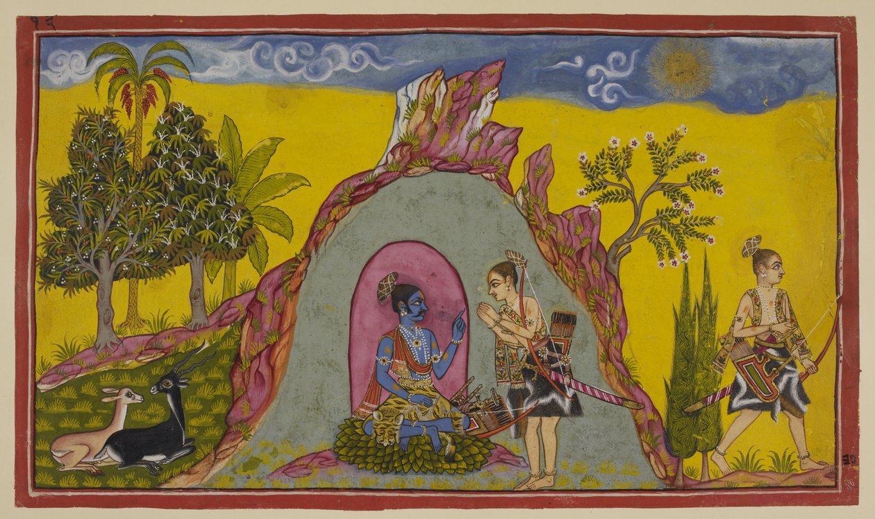 Add 15296 (2) f.30r, En el monte Prasravana, los dos príncipes esperan hasta la llegada del otoño y de la estación para ir a la guerra, mientras tanto se deleitan con la belleza de la flora y la fauna de la montaña y las maravillas de la temporada lluviosa de Indian School