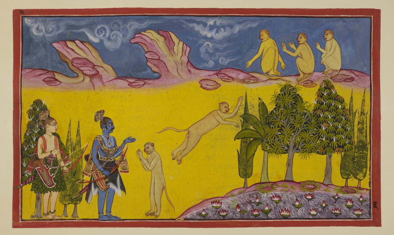 Add 15296 (2) f.3r, Sugriva se asusta al principio, pensando que estos guerreros armados han sido enviados por su hermano usurpador Bali para destruirlo. Envía a su sagaz ministro Hanuman para averiguar más sobre los dos extraños. Hanuman se presenta de Indian School