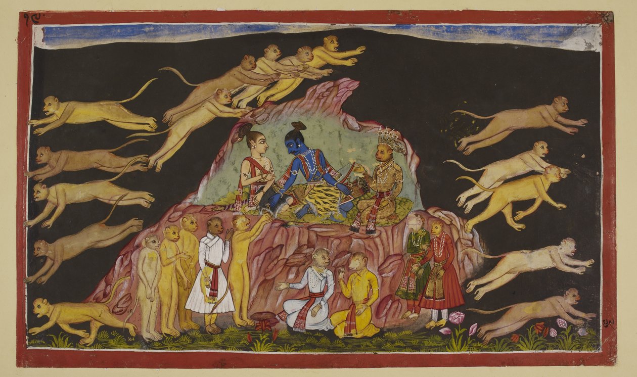 Add 15296 (2) f.49r, Rama, Laksmana y Sugriva están sentados en una eminencia rocosa. Sugriva divide sus vastas fuerzas en cuatro y las envía a buscar a Sita en los cuatro cuartos. A cada líder de tropa le describe el terreno que se encontrará de Indian School