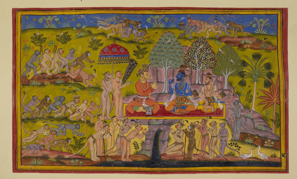 Agregue 15296 (2) f.57r, Mientras Sugriva todavía está hablando de sus aventuras anteriores a los dos hermanos, los monos enviados a los barrios este, norte y oeste regresan e informan que su búsqueda fue en vano, no había ninguna señal. de Sita. de Indian School