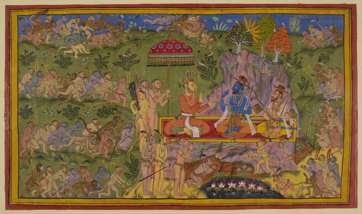 Agregue 15296 (2) f.58r, Las fuerzas de los monos han recorrido en vano las regiones del norte, este y oeste y regresan para contarles a Sugriva y Rama su decepción. Sugriva Sita en una alfombra bajo un paraguas real y está ofreciendo pan (masticables de b de Indian School