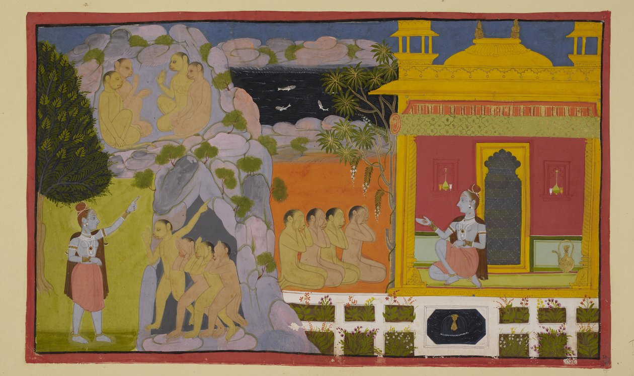Add 15296 (2) f.64r, Los monos le han contado a Svayamprabha sobre su búsqueda de la desaparecida Sita, y ella les ha contado el misterio de la cueva y cómo llegó a vivir en ese maravilloso lugar. Los monos temen la ira de Sugriva si retrasan su de Indian School