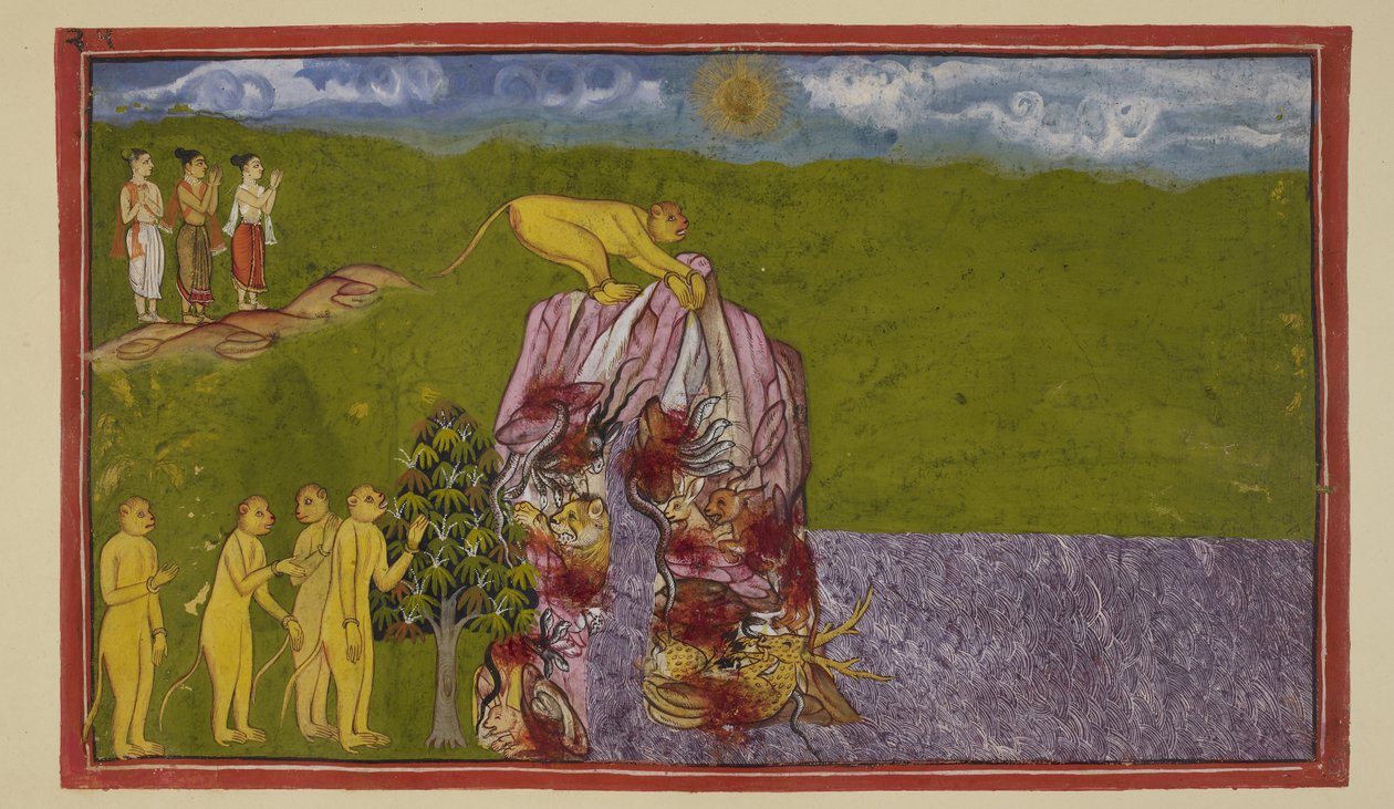 Add 15296 (2) f.81r, En las orillas del gran océano, los monos estaban consternados de cómo podrían cruzarlo para llegar a La?k?. Angada les preguntó a todos qué tan lejos podían saltar, pero ninguno confiaba en saltar tan lejos, hasta que Jambavan instó a de Indian School
