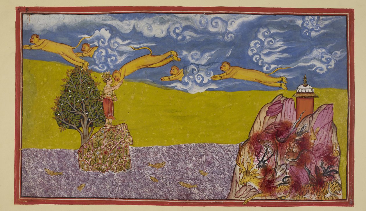 Add 15296 (2) f.84r, Sin desanimarse por la anchura del océano, Hanuman se hincha hasta alcanzar un tamaño inmenso y, utilizando la montaña Mahendra, aún en llamas, como plataforma de lanzamiento, se lanza al espacio y cruza el océano hasta el reino insula de Indian School