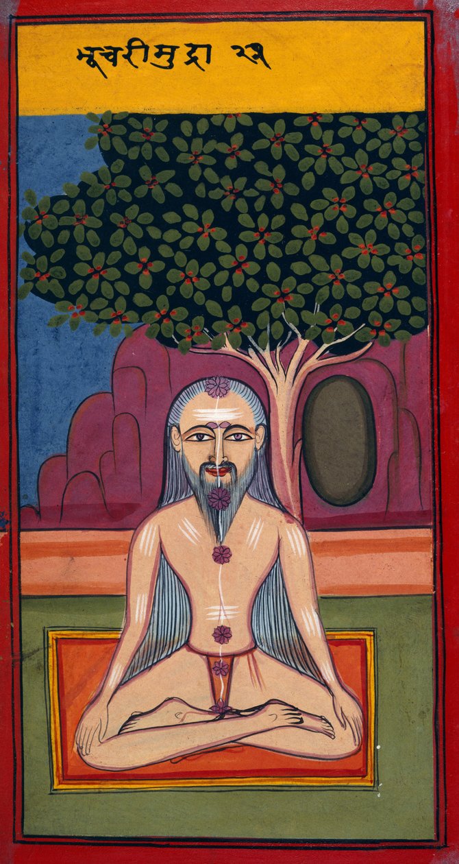 Añadir 24099 fol.114v Un Yogui en postura Bhusari, de Asanas y Mudras (Hatha yoga) (gouache sobre papel) de Indian School