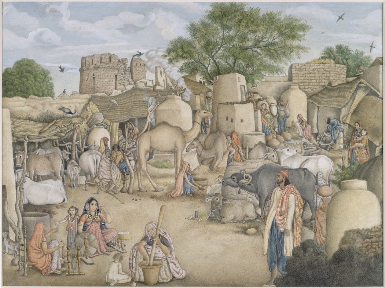 Add Or.4057 Una escena callejera en el pueblo de Raniya, c.1816-20 (acuarela y gouache sobre papel) de Indian School
