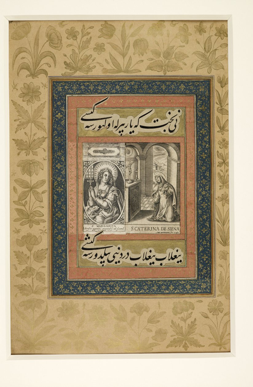 Agregar. O. MS 3129, f. 43r Página con grabado europeo de Santa Catalina de Siena, del 