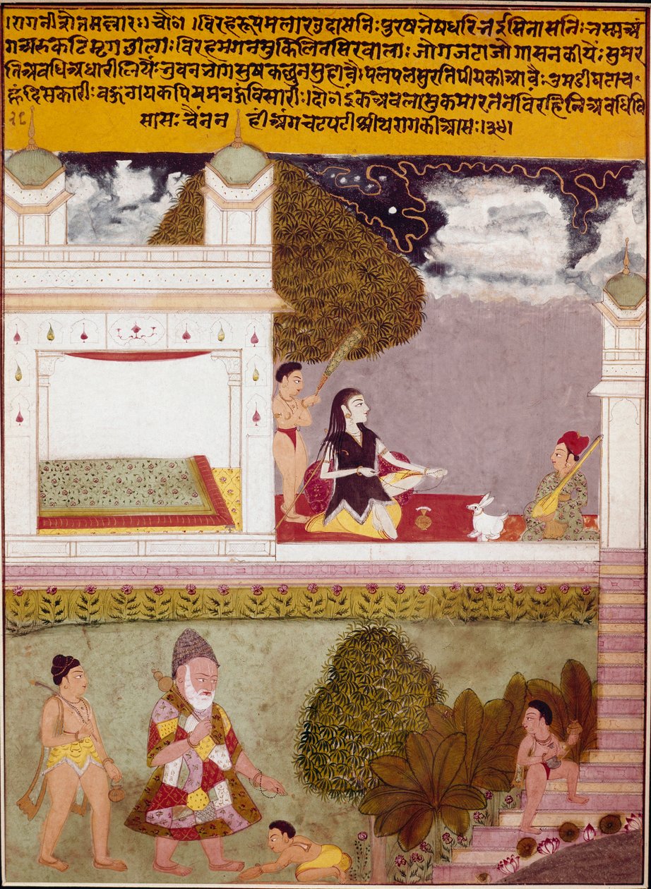 Un asceta escucha música en la terraza de un palacio Miniatura de la escuela india, circa 1760. Colección privada de Indian School