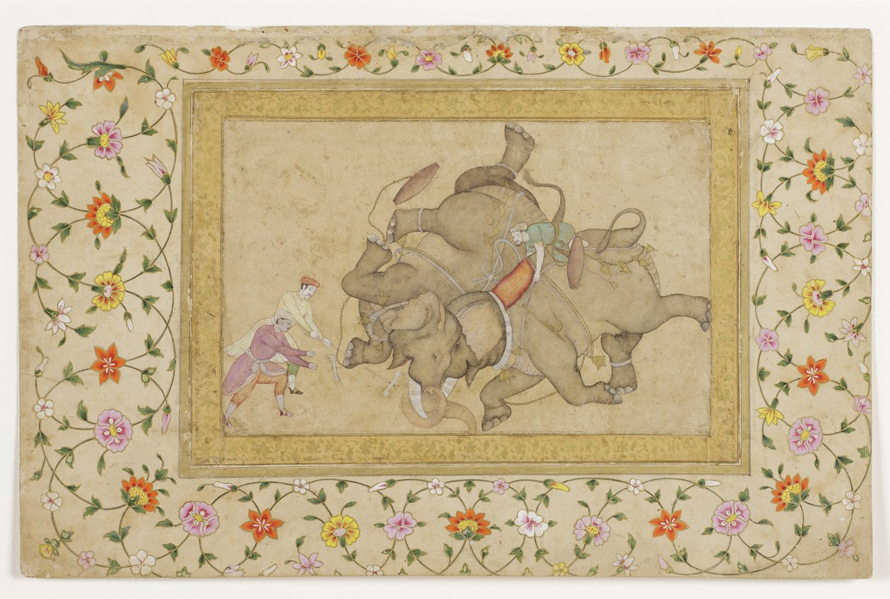 Combate de elefantes, con borde de arabesco floral de Indian School