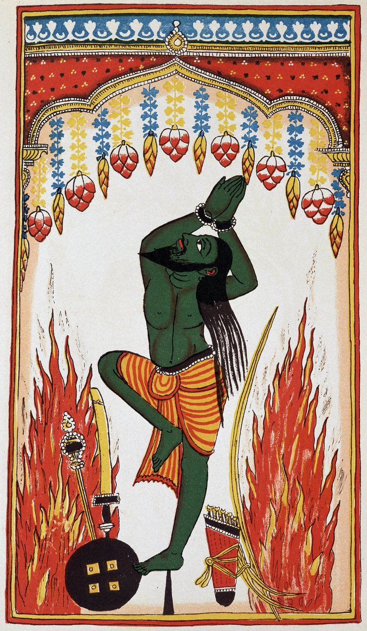 Aradjama, rezando y haciendo penitencia para obtener las armas que lo harán invencible, litografía del siglo XVIII de Indian School