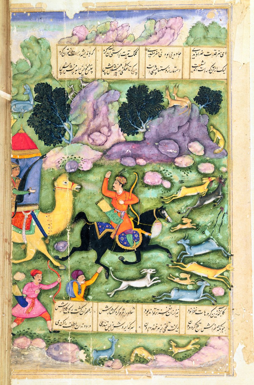 Bahram Gur mostrando su destreza mientras caza con Azad, folio 107a, de Los Ocho Paraísos, escrito por Amir Khusrau Dihlavi (1253-1325) basado en la historia del Khamsa (Quinteto) de Nizami, Mughal de Indian School