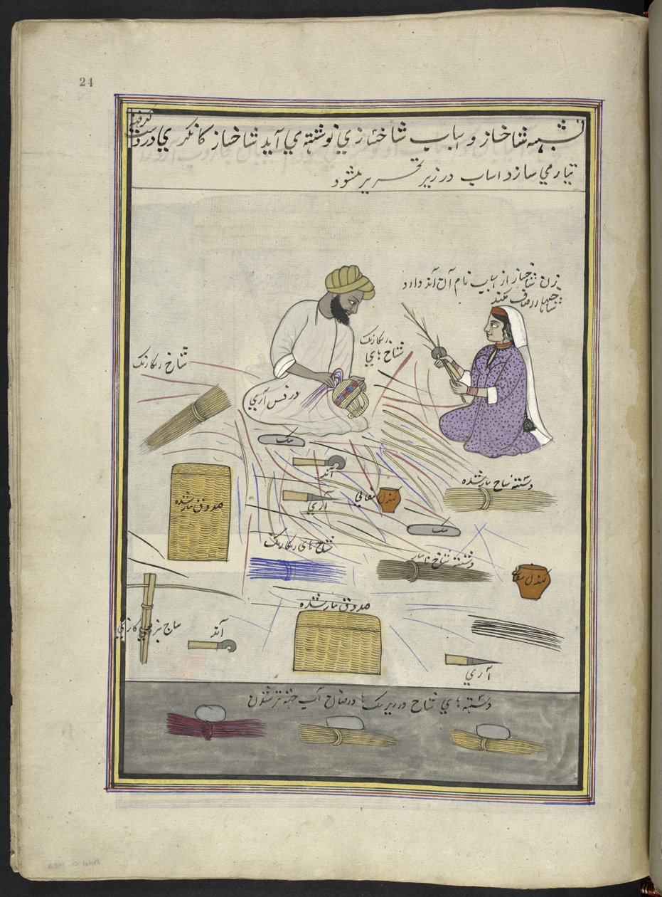 Cestero y su esposa,  86 dibujos encuadernados en un volumen que representa oficios y ocupaciones en Cachemira, se muestra a los artesanos trabajando con sus implementos y equipos,  Por un artista de Cachemira, probablemente en Srinagar, c.1850-60 (gouache de Indian School