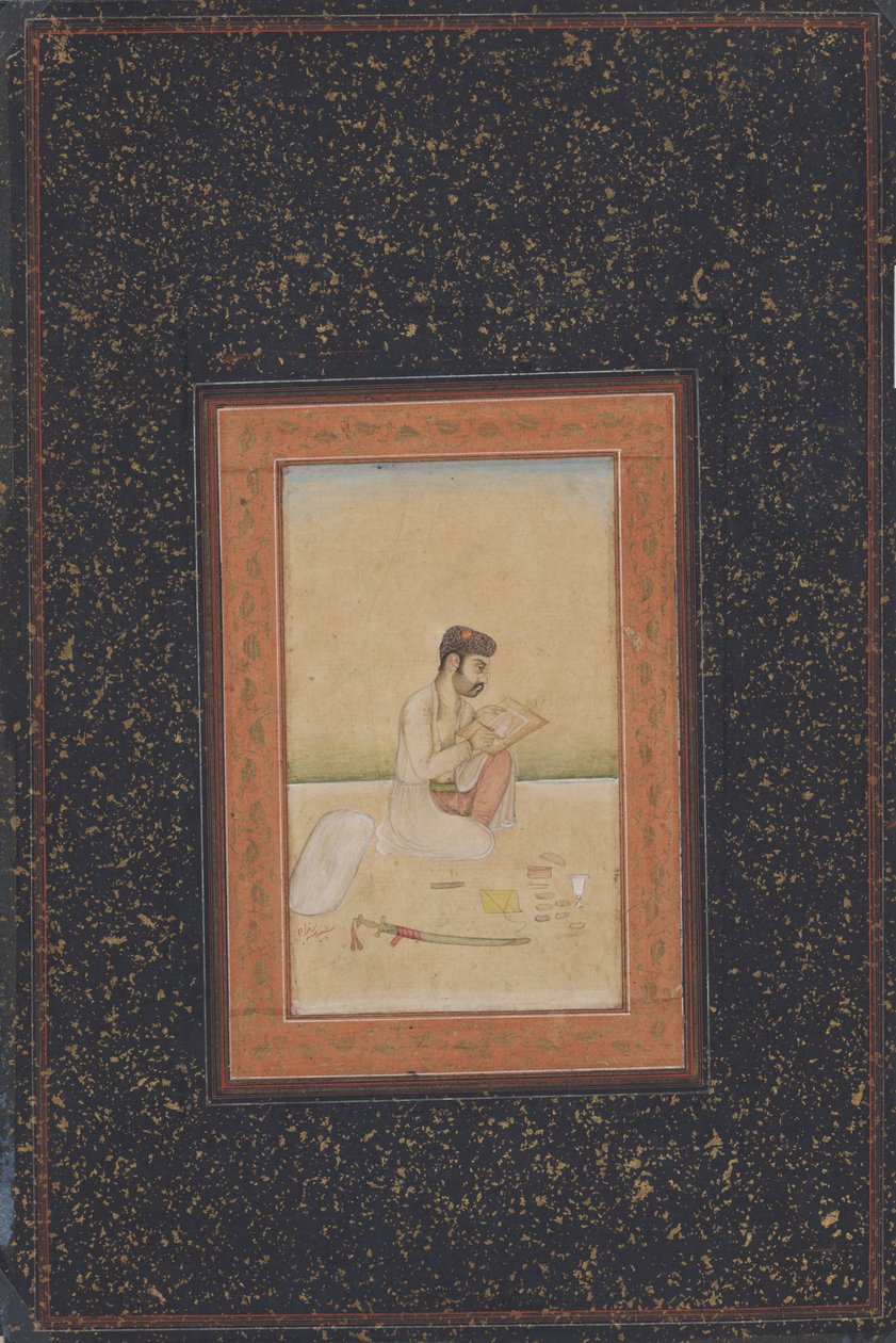Behzad el pintor con gafas (tinta, color y oro sobre papel) de Indian School