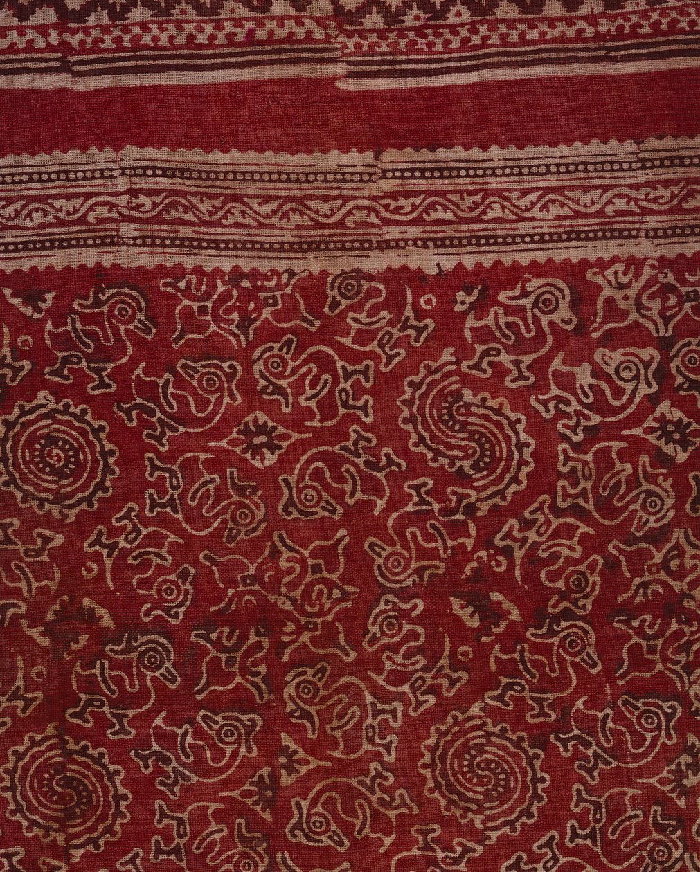 Textil estampado en bloque para el comercio de exportación con patrón de gansos, capullo de loto y roseta, indio, c.1500 (detalle) de Indian School