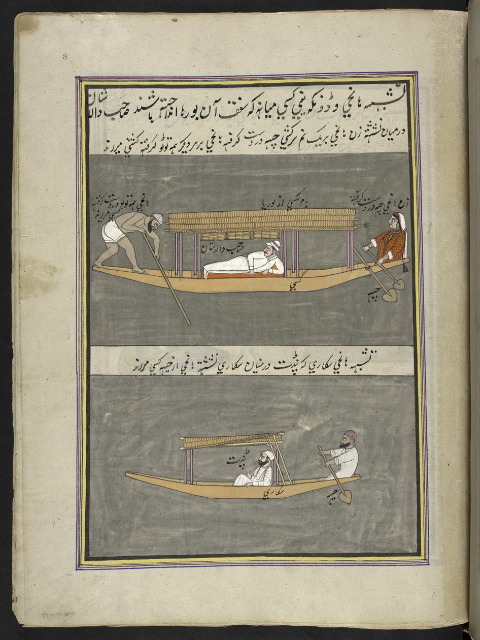 barqueros,  86 dibujos encuadernados en un volumen que representa oficios y ocupaciones en Cachemira, se muestra a los artesanos trabajando con sus implementos y equipos,  Por un artista de Cachemira, probablemente en Srinagar, c.1850-60 (gouache sobre pap de Indian School