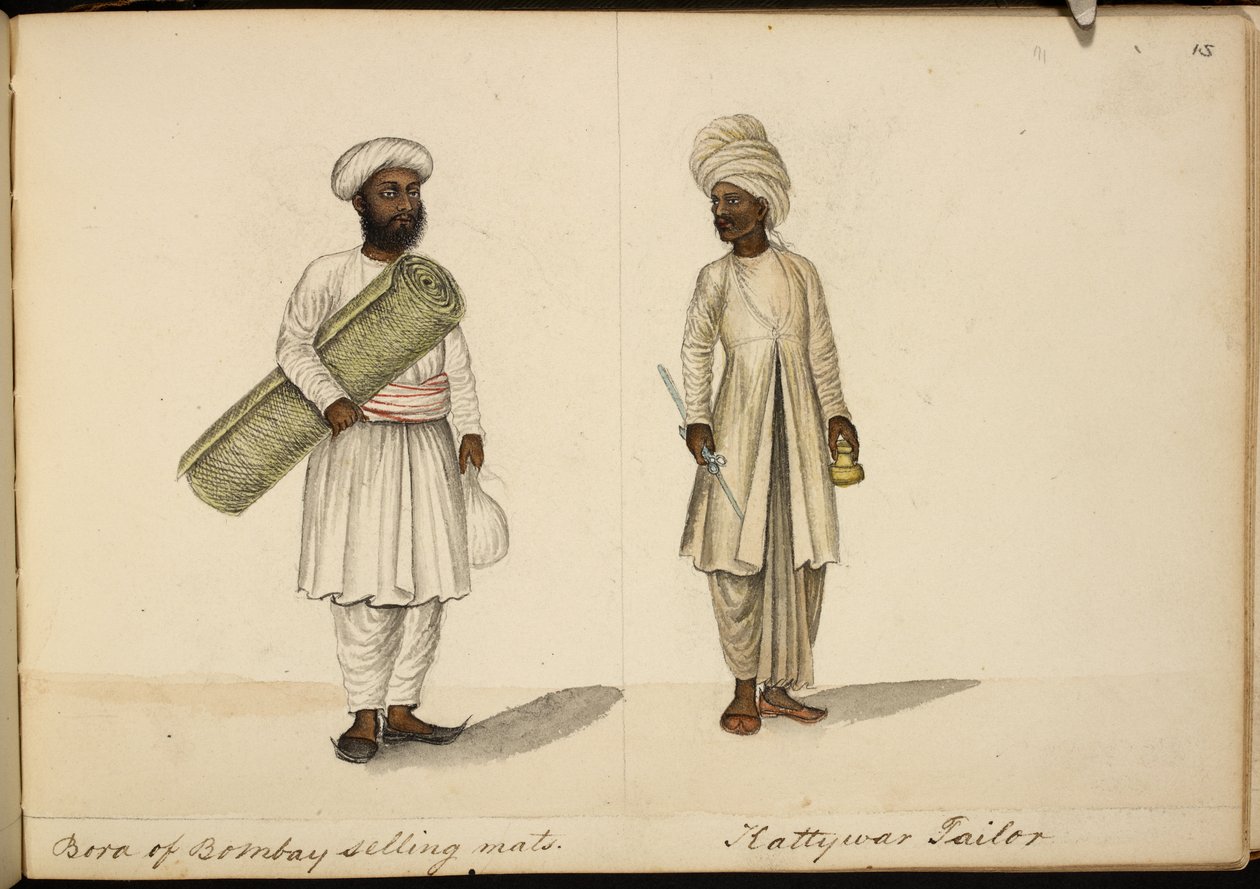 Vendedor de esteras Bohori; sastre Kathiawar de Indian School