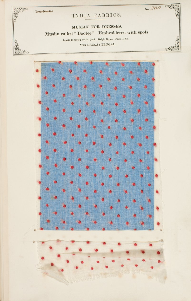 Muestra de muselina Bootee bordada con puntos de Dacca en Bengala, de La Colección de los Fabricantes de Textiles de la India, por John Forbes Watson, publicada en 1866 de Indian School