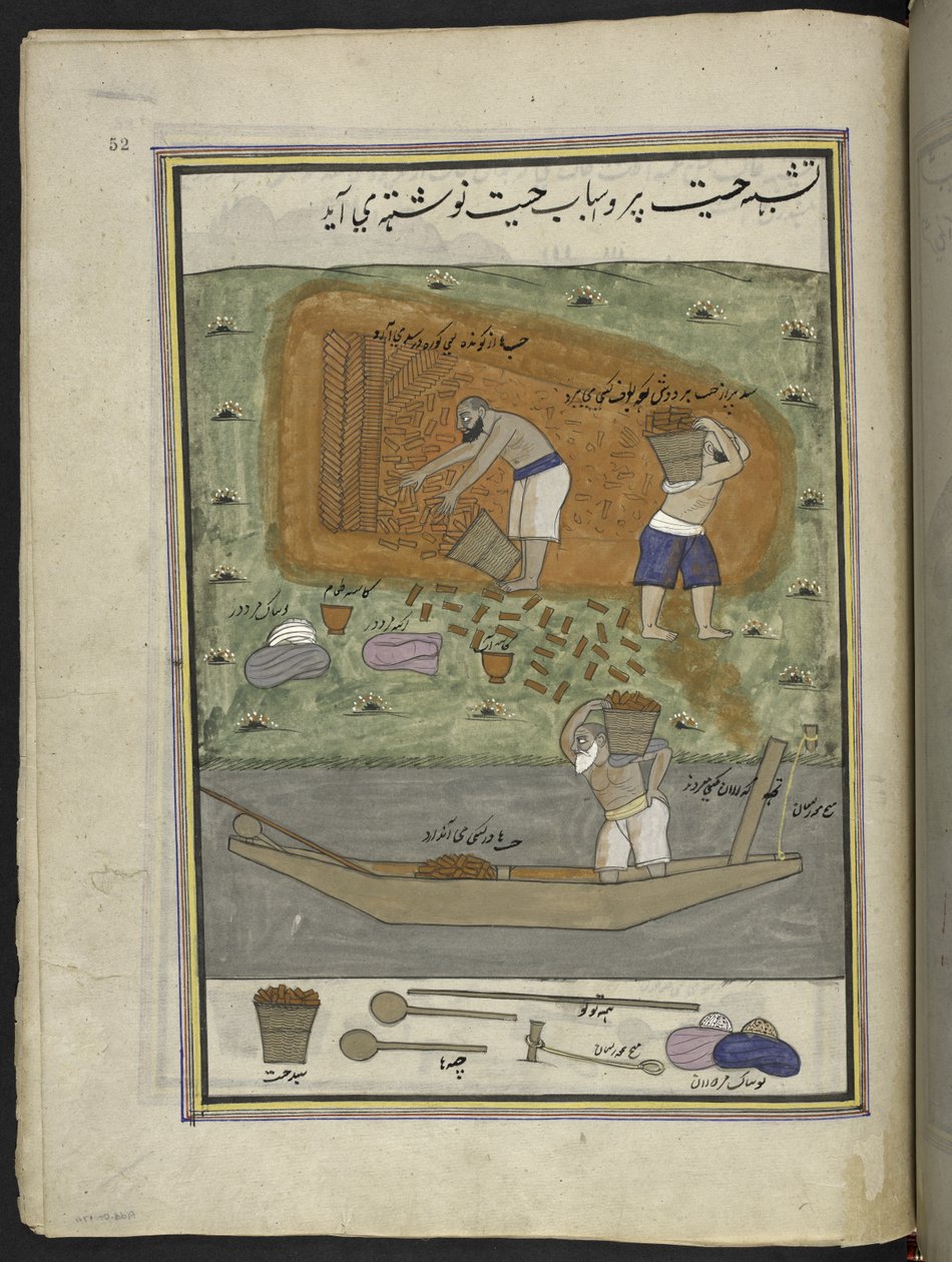 Ladrilleros con horno y bote para transportar ladrillos,  86 dibujos encuadernados en un volumen que representa oficios y ocupaciones en Cachemira, se muestra a los artesanos trabajando con sus implementos y equipos,  Por un artista de Cachemira, probablem de Indian School